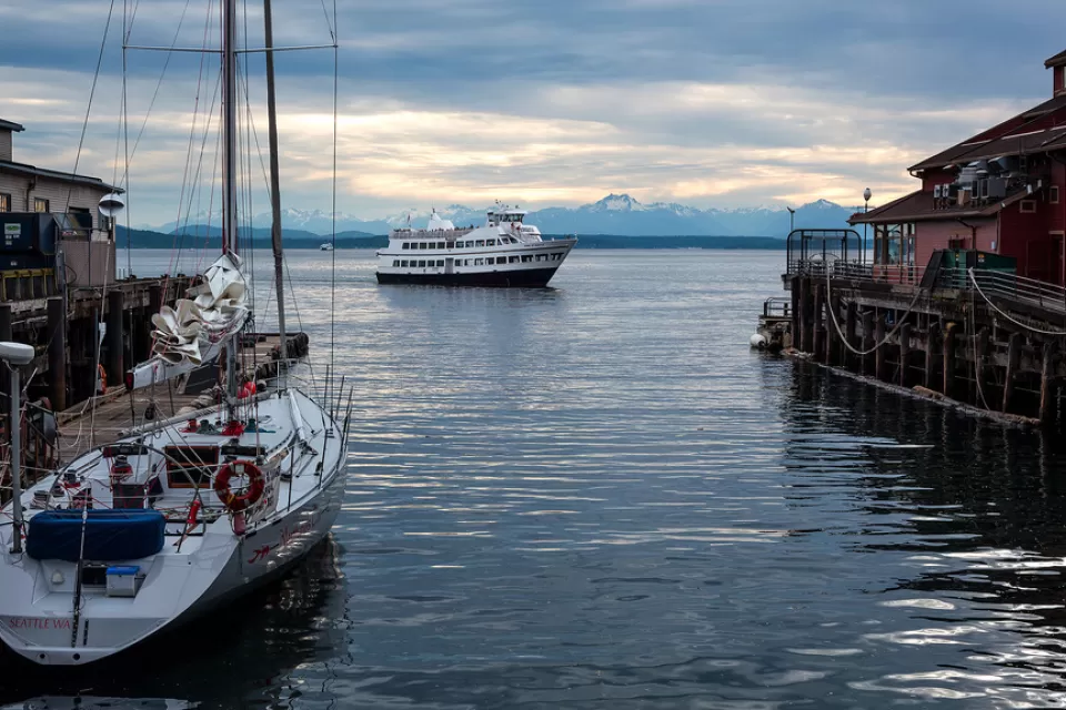 A ferry boat returns to Seattle